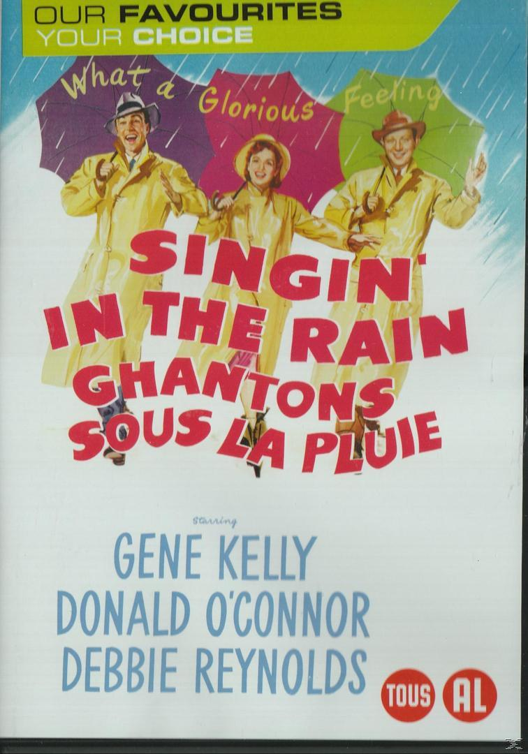 Filmposter: drie mensen in regenjassen met paraplu's, de titel 'Singin' in the Rain'.