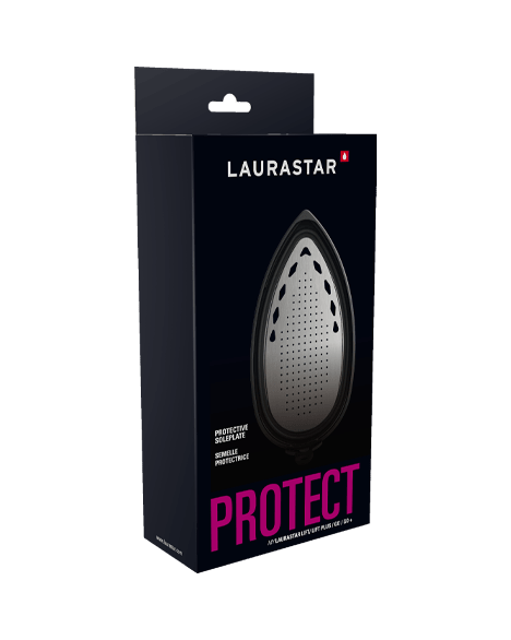 Laurastar Bügeleisen-Sohlenplatten-Schutzbox. Schwarze Box mit einem Bild der Schutzsohle auf der Vorderseite.