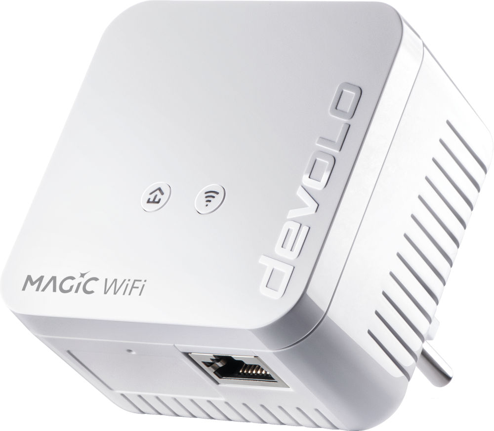 Répéteur WiFi Devolo Magic blanc. Il possède deux boutons et un port LAN. Le nom de la marque est en relief. Une prise est visible.
