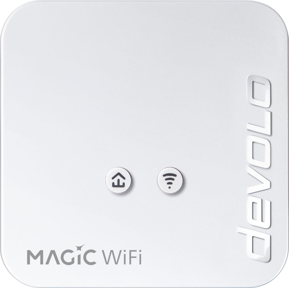 Appareil WiFi devolo Magic blanc avec deux boutons et le symbole WiFi. Le texte "MAGIC WiFi" est en bas à gauche.