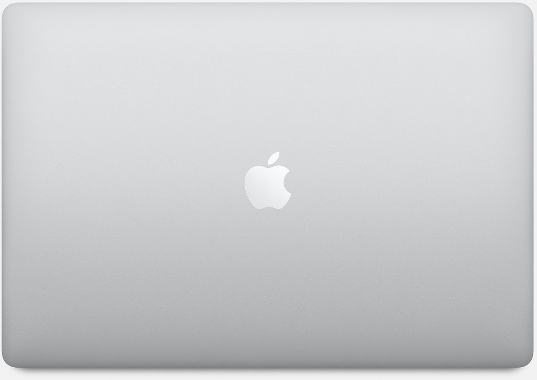 Silberner Laptopdeckel mit Apple-Logo mittig, schlichtes Design.