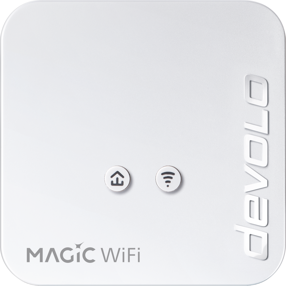 Appareil WiFi Devolo Magic blanc. Deux petits boutons avec icônes. Texte 'MAGIC WiFi' en bas. Marque Devolo sur le côté.