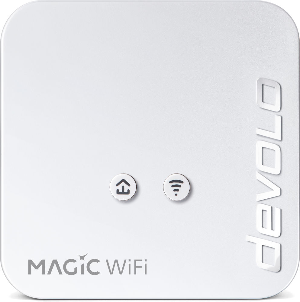 Appareil WiFi devolo Magic blanc. Il possède deux boutons et la marque est visible.