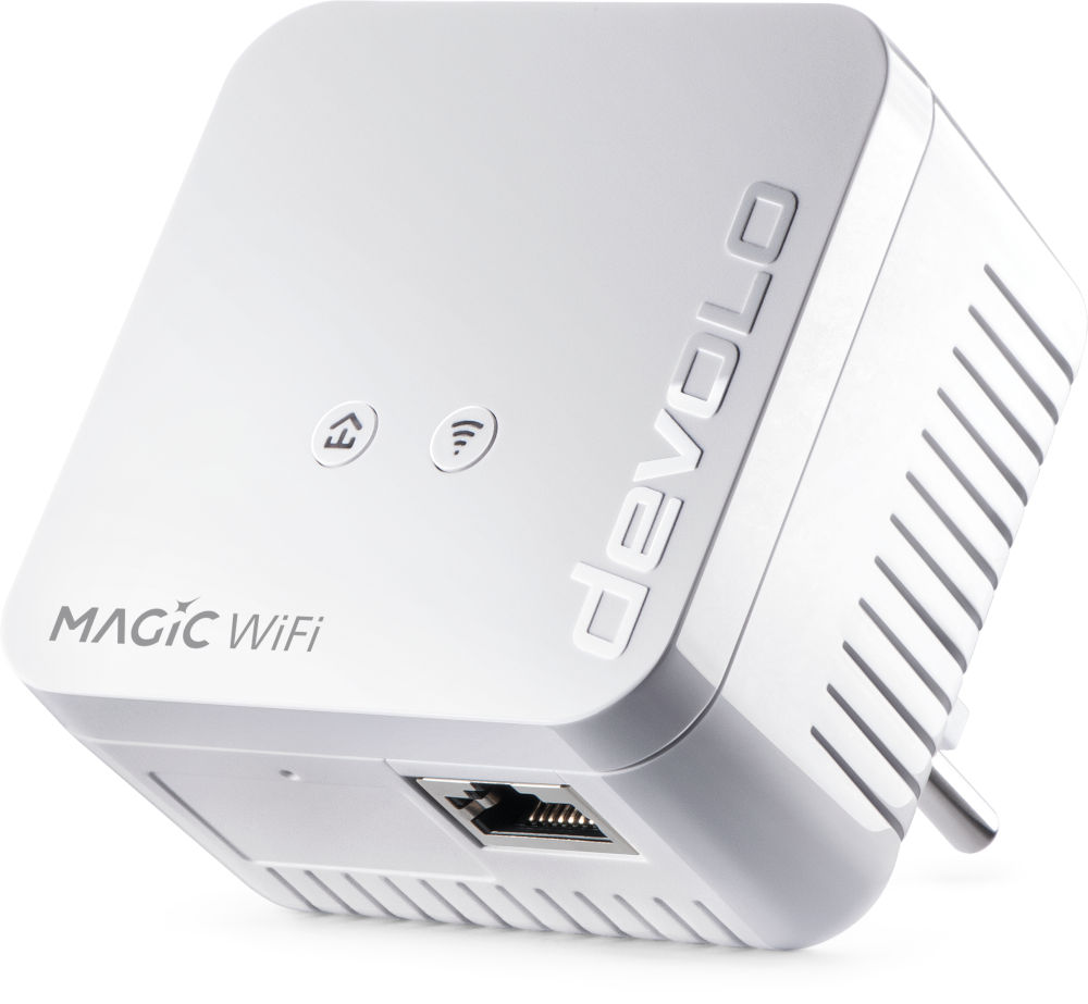 Répéteur WiFi blanc avec le mot 'devolo' et une prise.