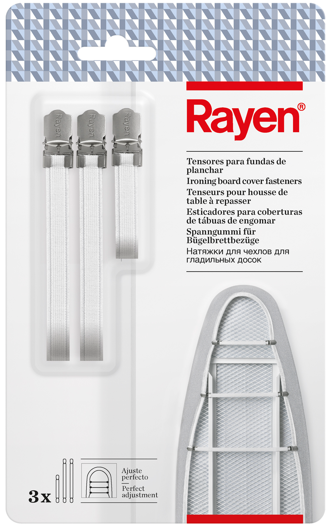 Egy csomag, amely három fehér vasalódeszka-huzat rögzítőt tartalmaz. A csomagoláson a Rayen márkalogó látható.