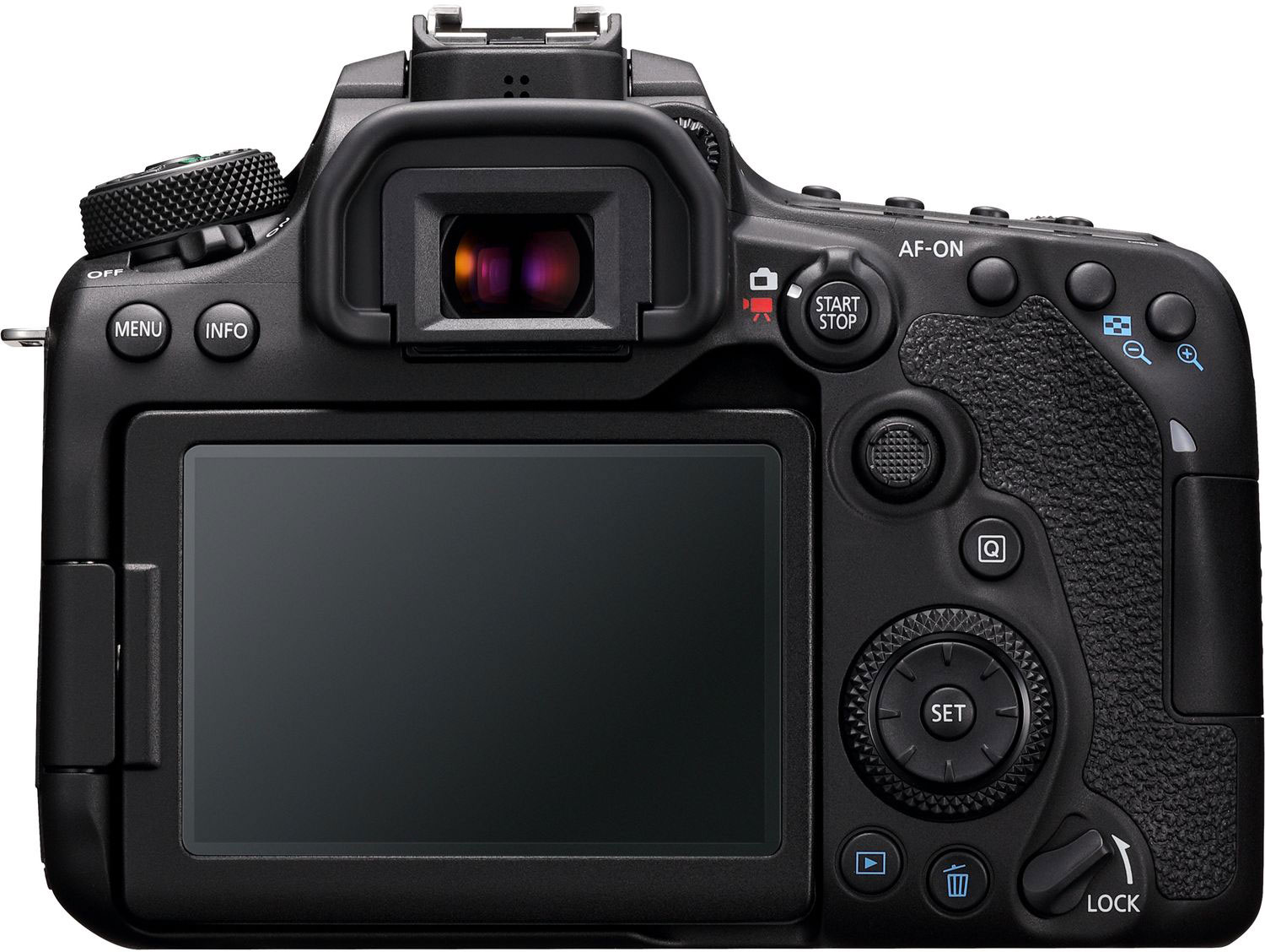 Dos d'un appareil photo Canon DSLR noir avec boutons, écran et viseur. Sur une surface blanche.