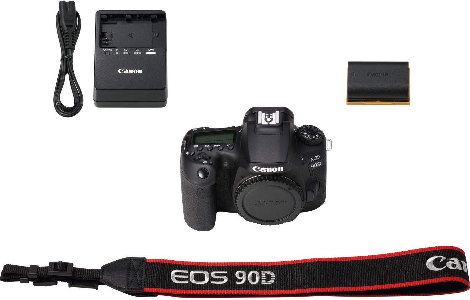 Appareil photo et accessoires. Comprend un chargeur, une batterie, une sangle et l'appareil photo Canon EOS 90D.