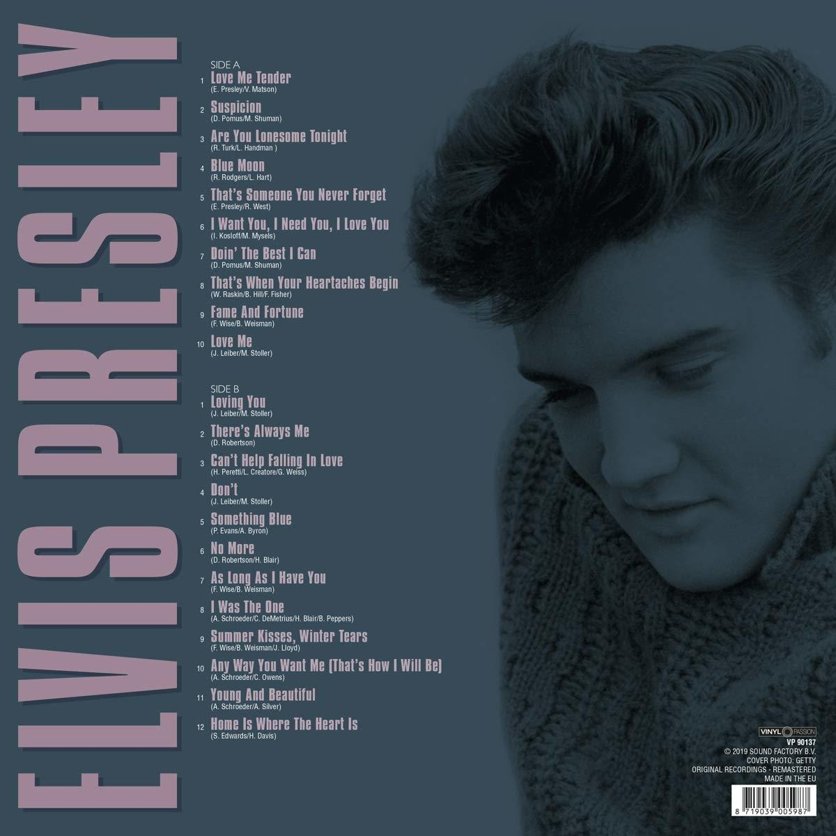 Vinyl-Cover mit Elvis Presleys Foto und Titelliste. Blaue und weiße Farben.