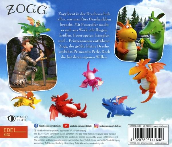 Rückseite eines Kinderbuchs mit Zeichentrickdrachen, einem Ritter und Text.