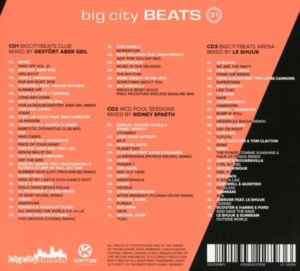 CD-Cover mit Tracklisten für Big City Beats. Text vor hellem Hintergrund.
