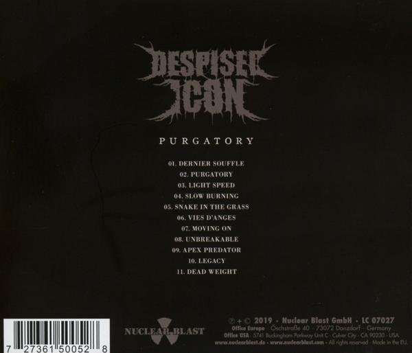 Schwarzes CD-Cover für "Despised Icon - Purgatory" mit Songtiteln und Bandlogo.
