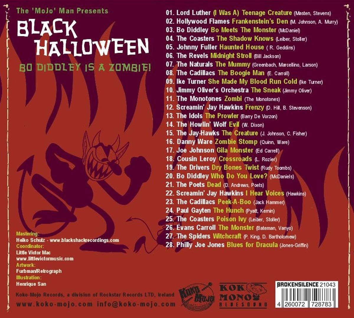 Albumcover mit einem teuflischen Cartoon, dem Text 'Black Halloween' und einer Liste von Songtiteln.