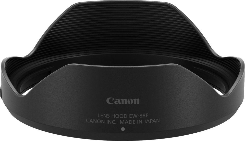 Zwarte Canon lenskap, gevormd als een tulp, Canon logo en productinfo zichtbaar.