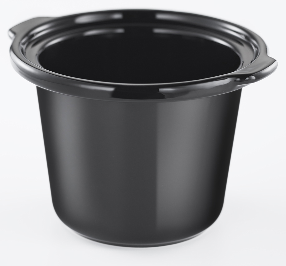 Black ceramic slow cooker pot, open, on a white background.