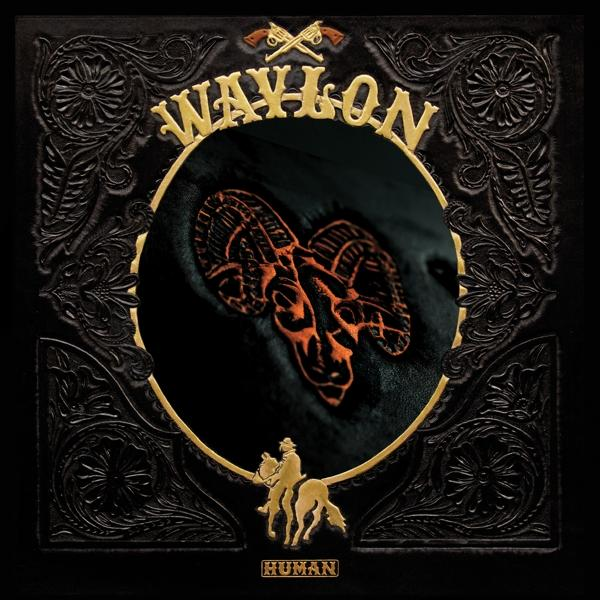 Albumhoes met een zwart lederen ontwerp met een gouden lijst. De tekst zegt Waylon.