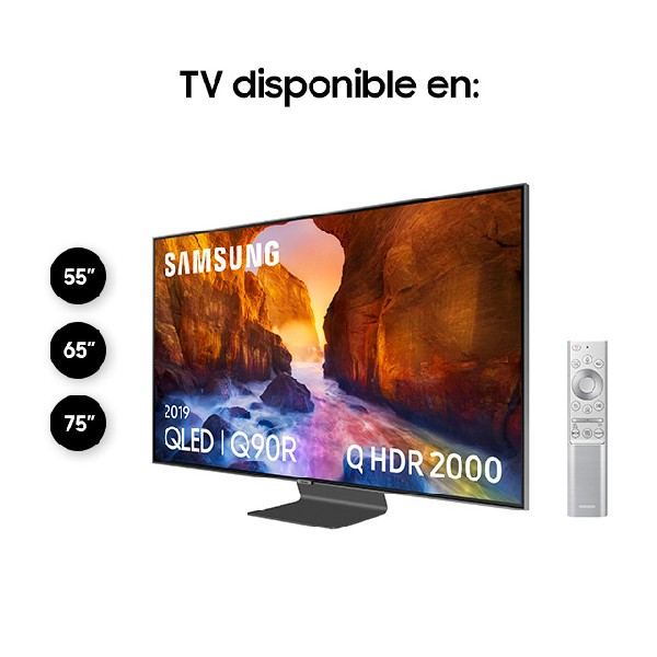 Televisor Samsung con mando a distancia. El televisor muestra una escena de paisaje.