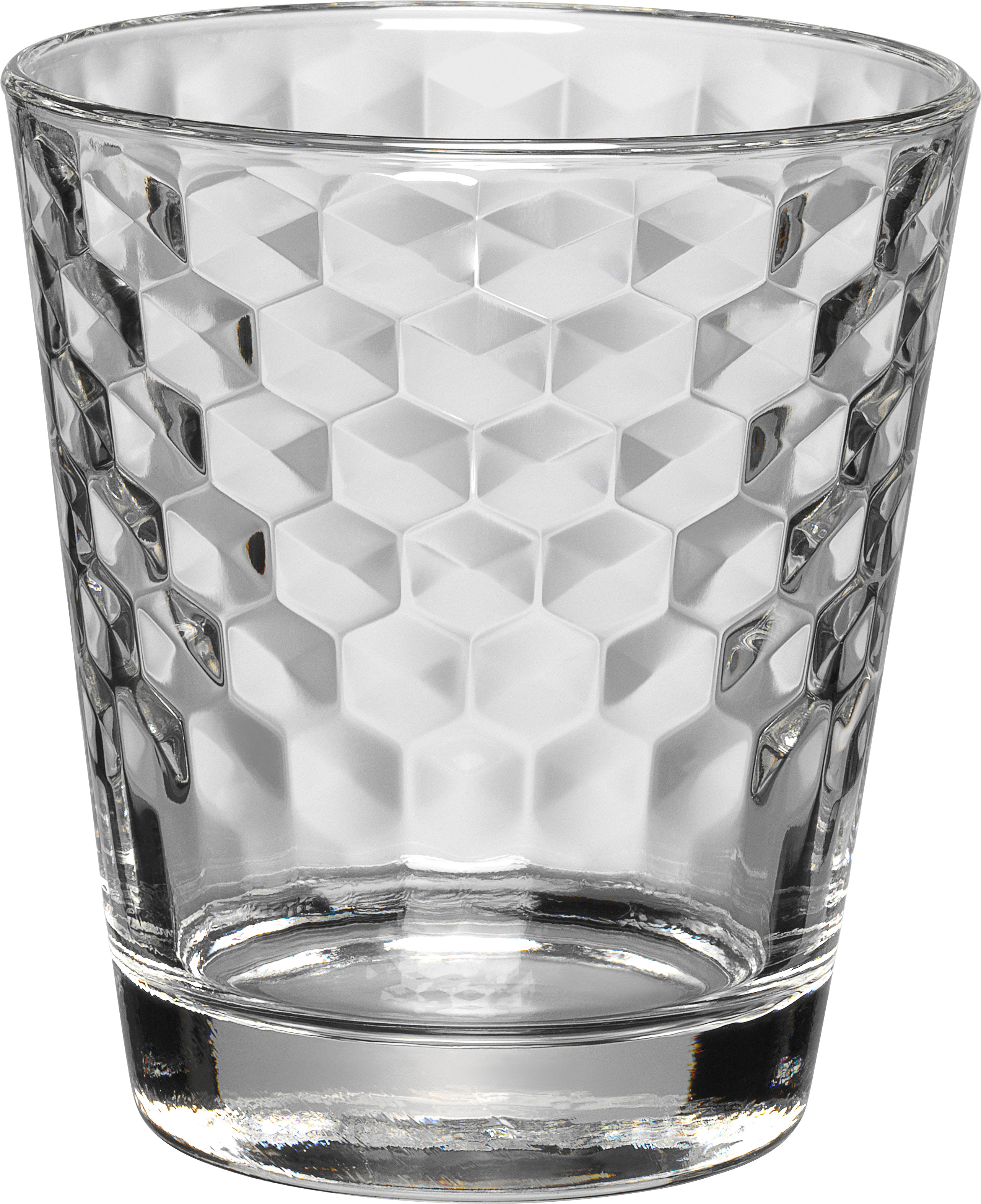 Klares Glas mit Wabenmuster, das Licht reflektiert, auf weißem Hintergrund.
