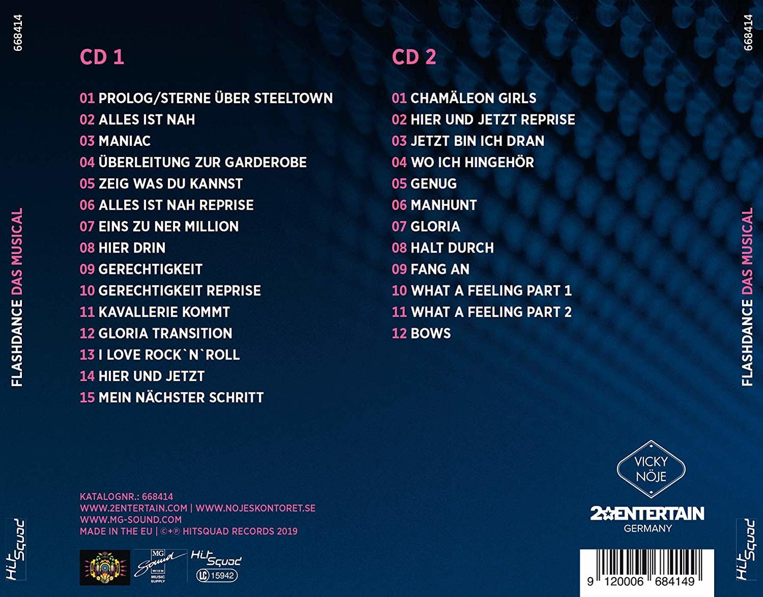 CD-Albumcover. Flashdance Das Musical mit Titellisten für CDs 1 und 2 auf blauem Hintergrund.