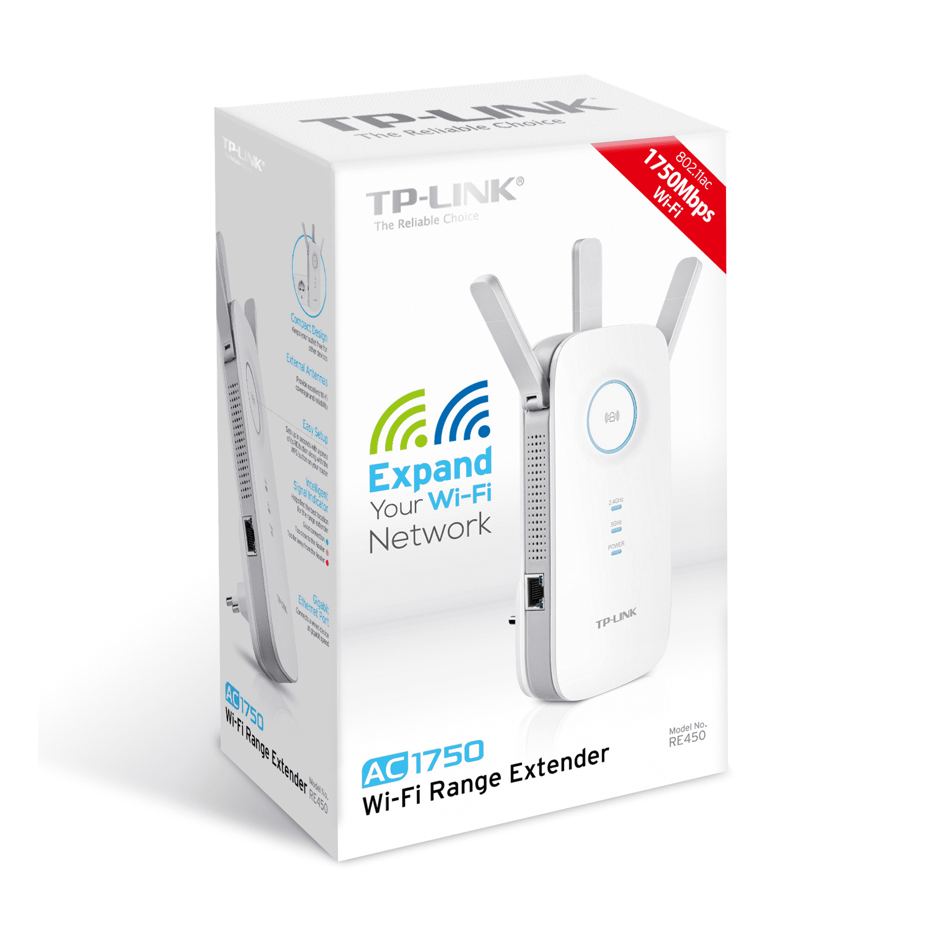 Une boîte noire et bleue pour un extenseur de réseau Wi-Fi AC1750.