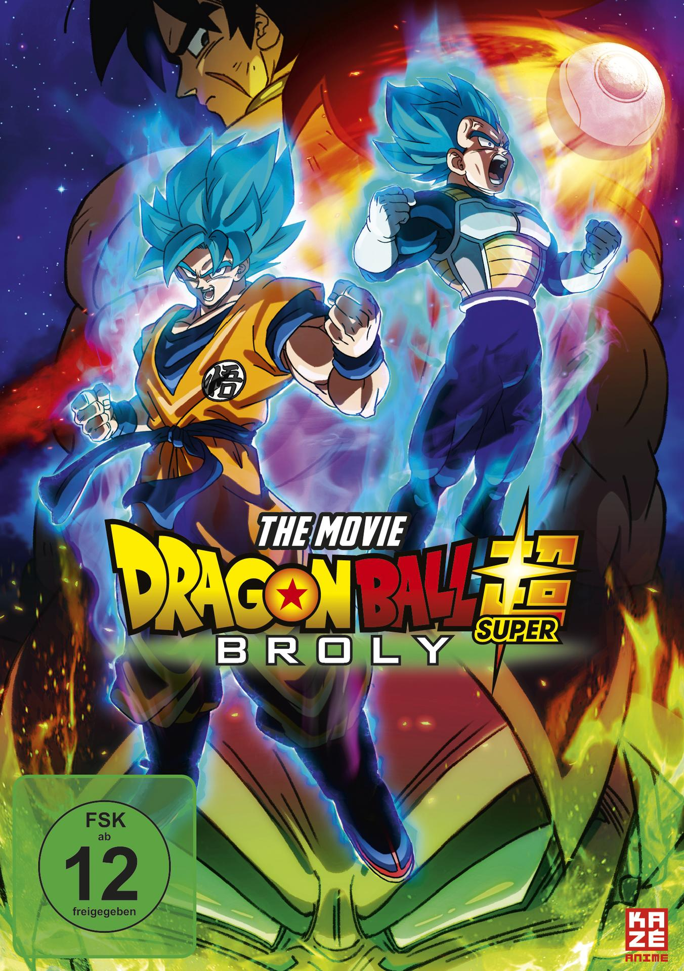 Dragon Ball Super: Broly Film-DVD-Cover mit Goku und Vegeta in mächtigen Formen. Blaue und orange Flammen.