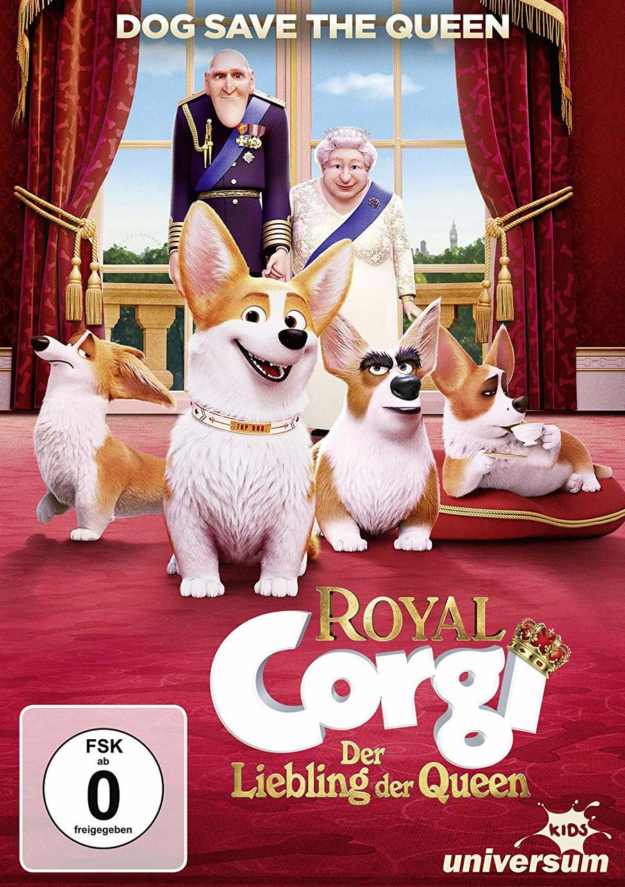 DVD-Cover: Film Royal Corgi. Die Königin und ein Prinz stehen hinter Corgi-Hunden. Roter Teppich.