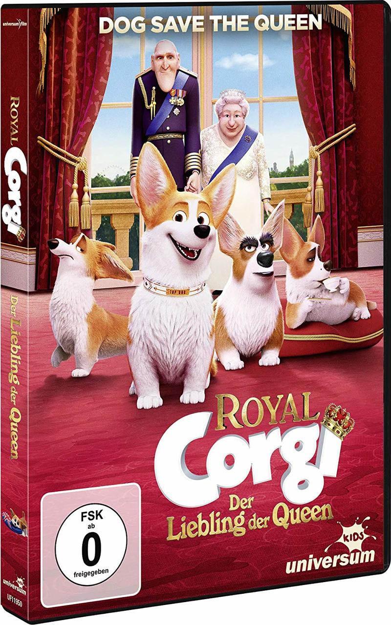 DVD-Cover von 'Royal Corgi'. Corgis sind im Vordergrund. Die Königin und ein Mann im Anzug sind im Hintergrund.