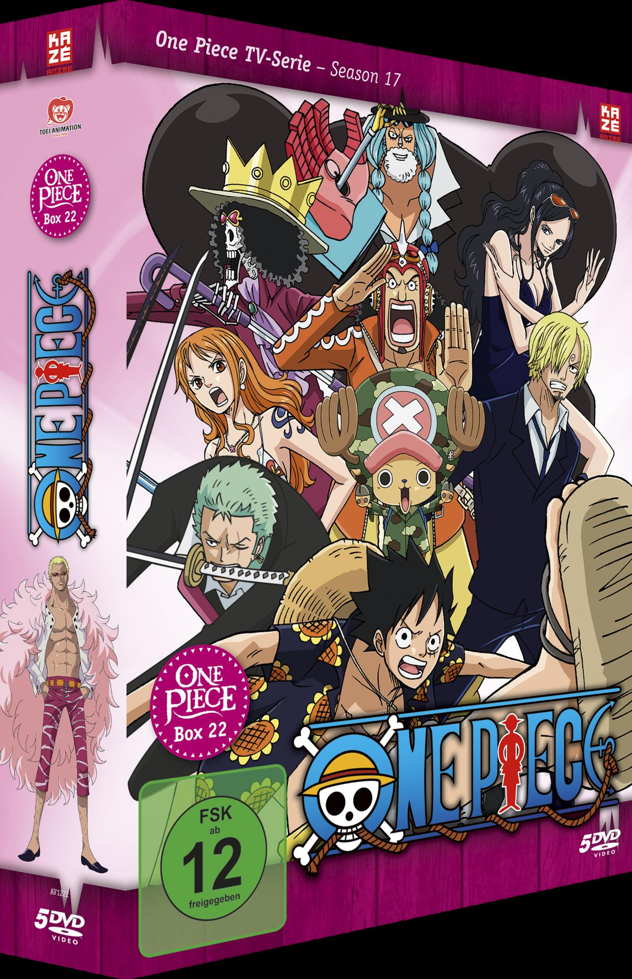 One Piece Box 22 DVD-Cover. Charaktere der Anime-Serie sind in einer farbenfrohen Illustration dargestellt.