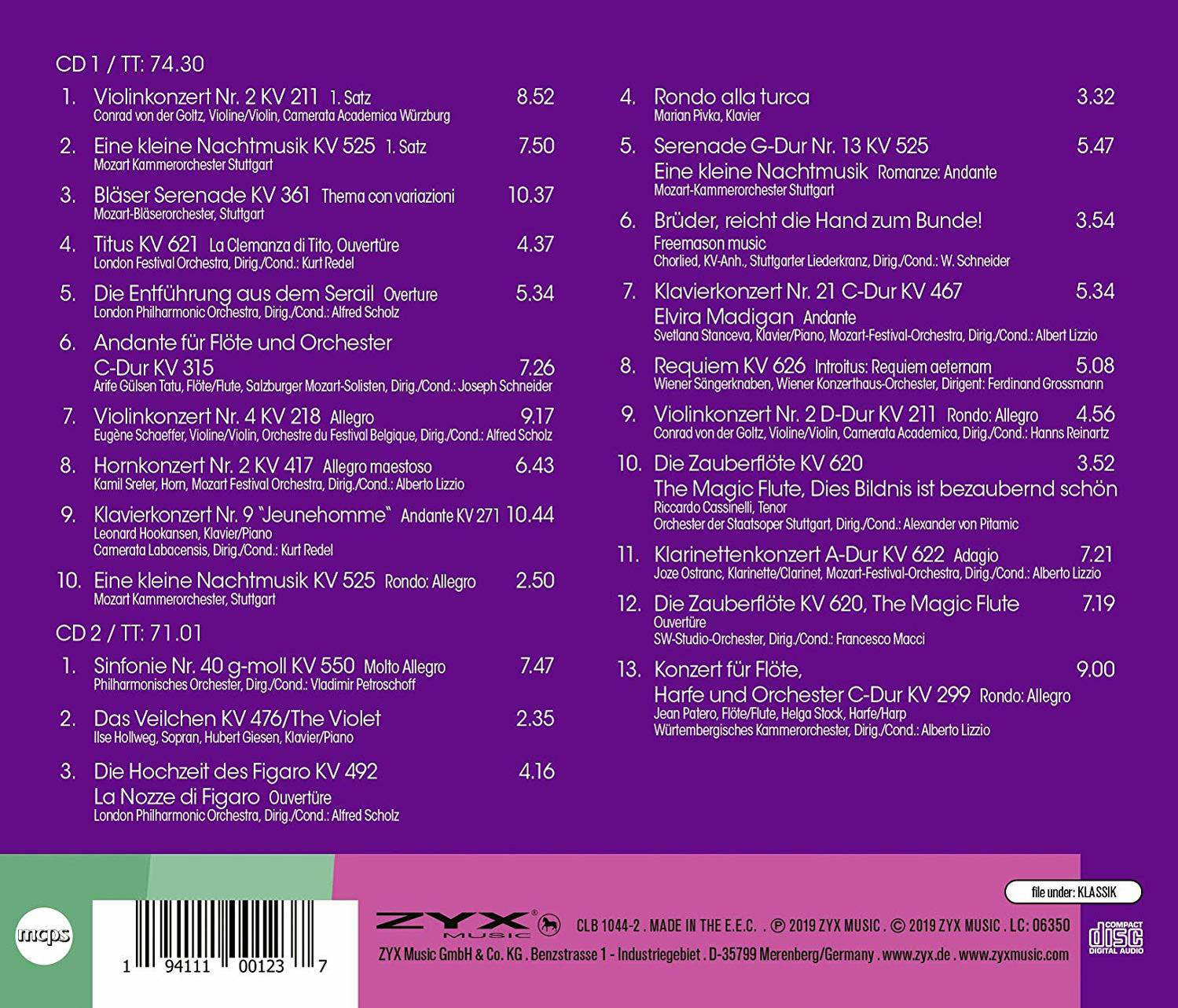 Eine CD-Rückseite mit einer Liste von Liedern und Text. Text: ZYX Music.