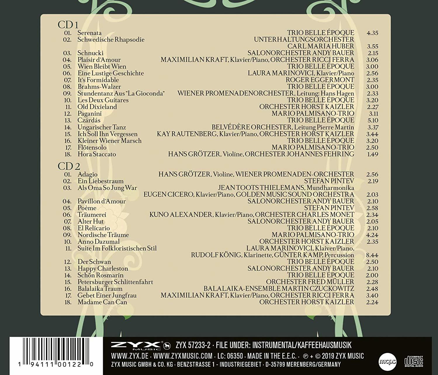 Albumcover mit Titelliste und Details, einschließlich Künstler- und Orchesterinformationen.