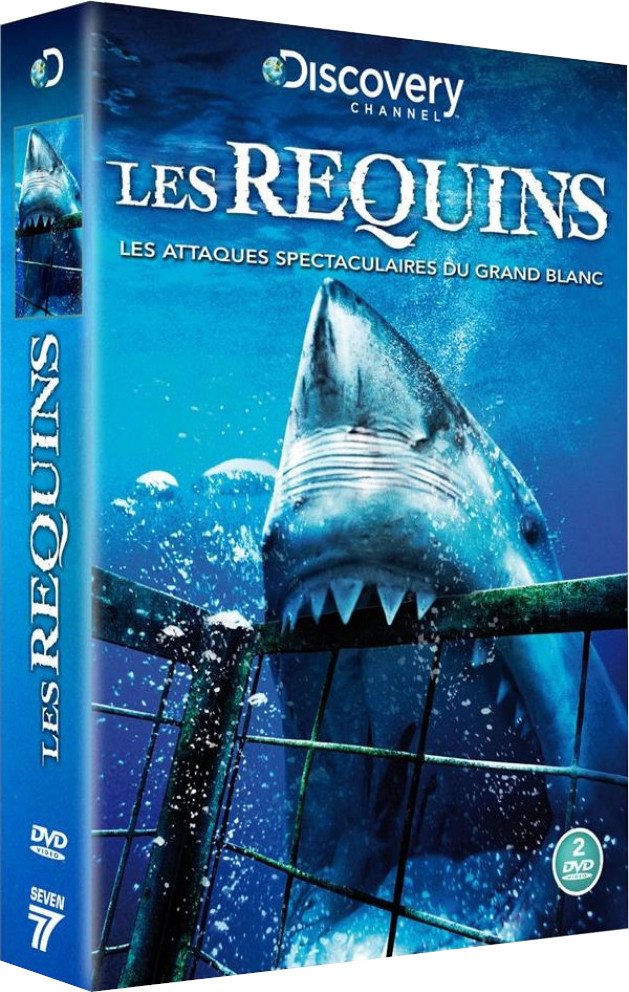 DVD-cover: haai met open bek in blauw water, titel 'Les Requins'.
