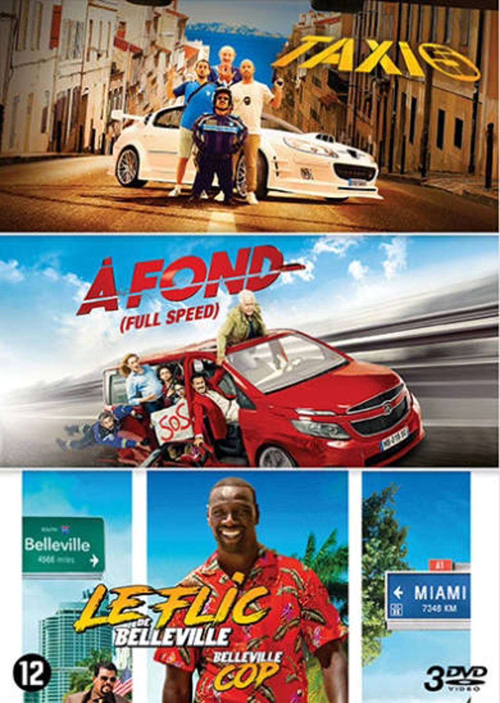 Une compilation d'affiches de films : Taxi, À Fond et Le Flic de Belleville. Chacune montrant des acteurs et des voitures.