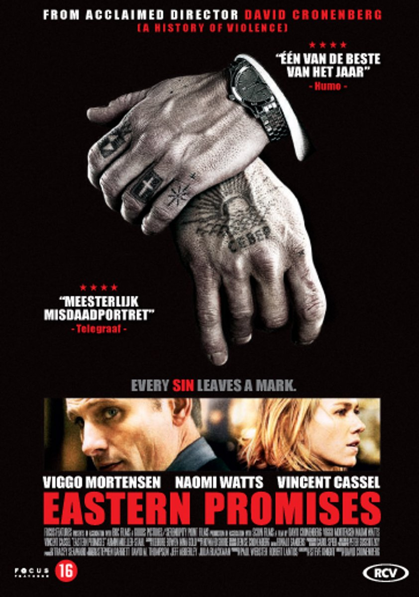 Affiche de film : mains tatouées, montre et visages de Viggo Mortensen, Naomi Watts.