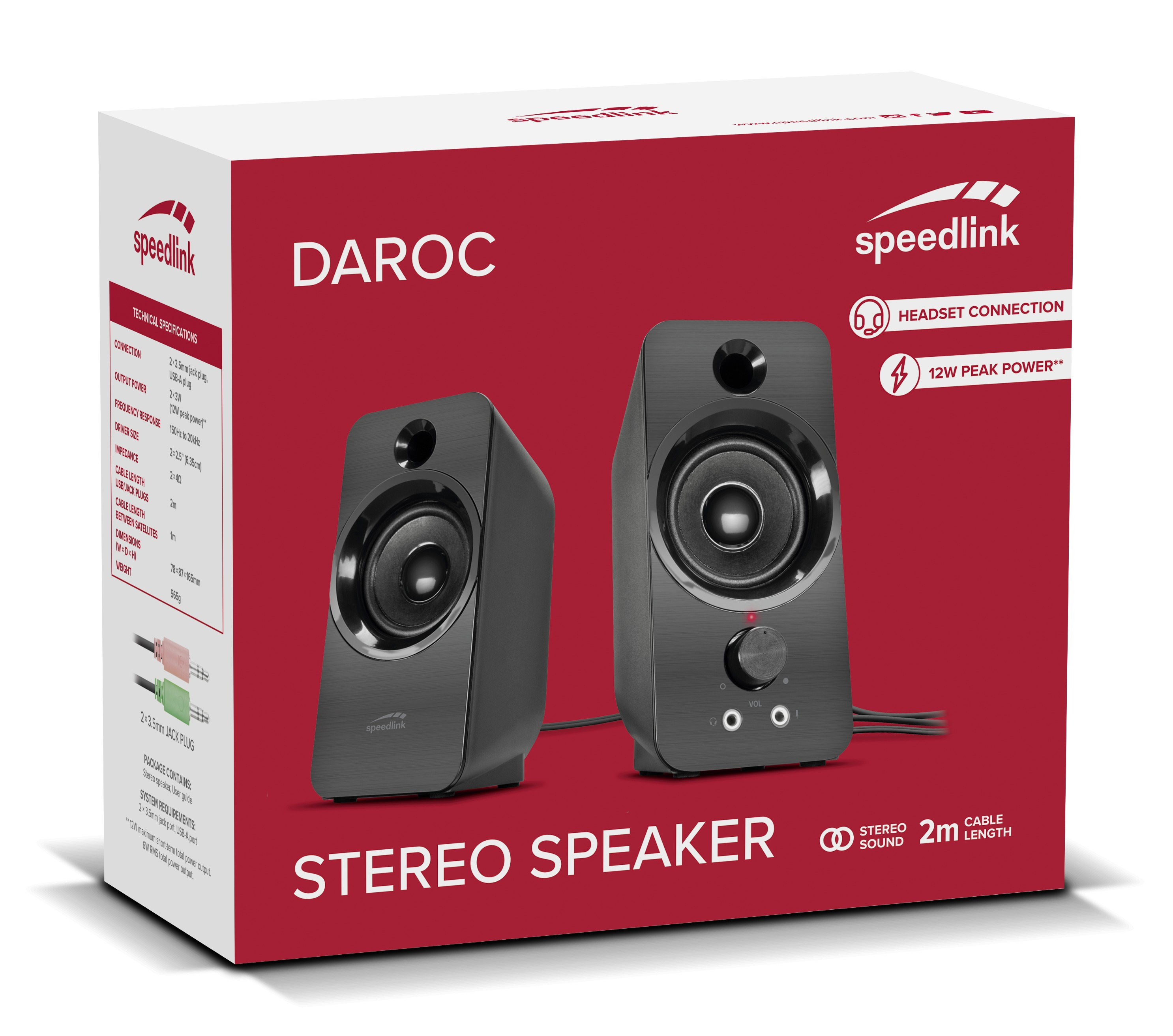 Eine Stereo-Lautsprecherbox mit zwei Lautsprechern, rotem Hintergrund und den Logos von Speedlink und Daroc.