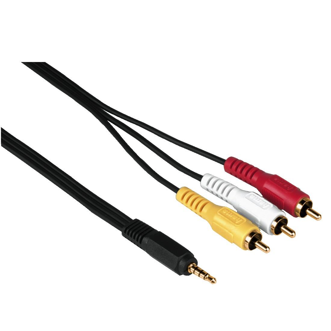 Black audio cables with yellow, white, and red connectors. A black connector is on the left.