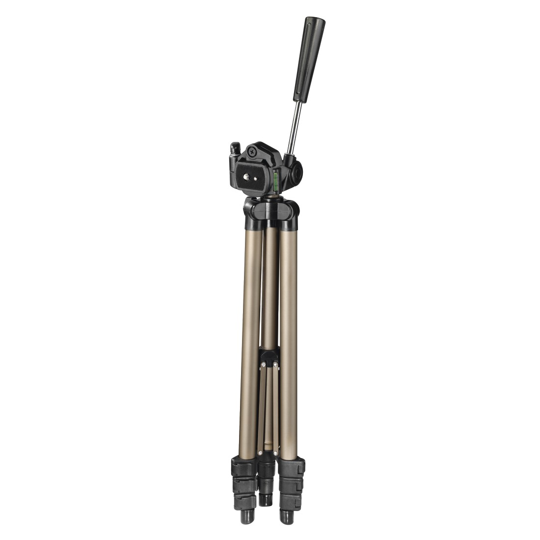 Tripod with three legs and a head for a camera, standing on a white surface.