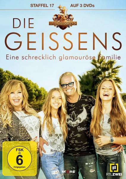 DVD-Cover: Familie Geissens lächelt, mit Titel und Logo auf blauem Himmel-Hintergrund.