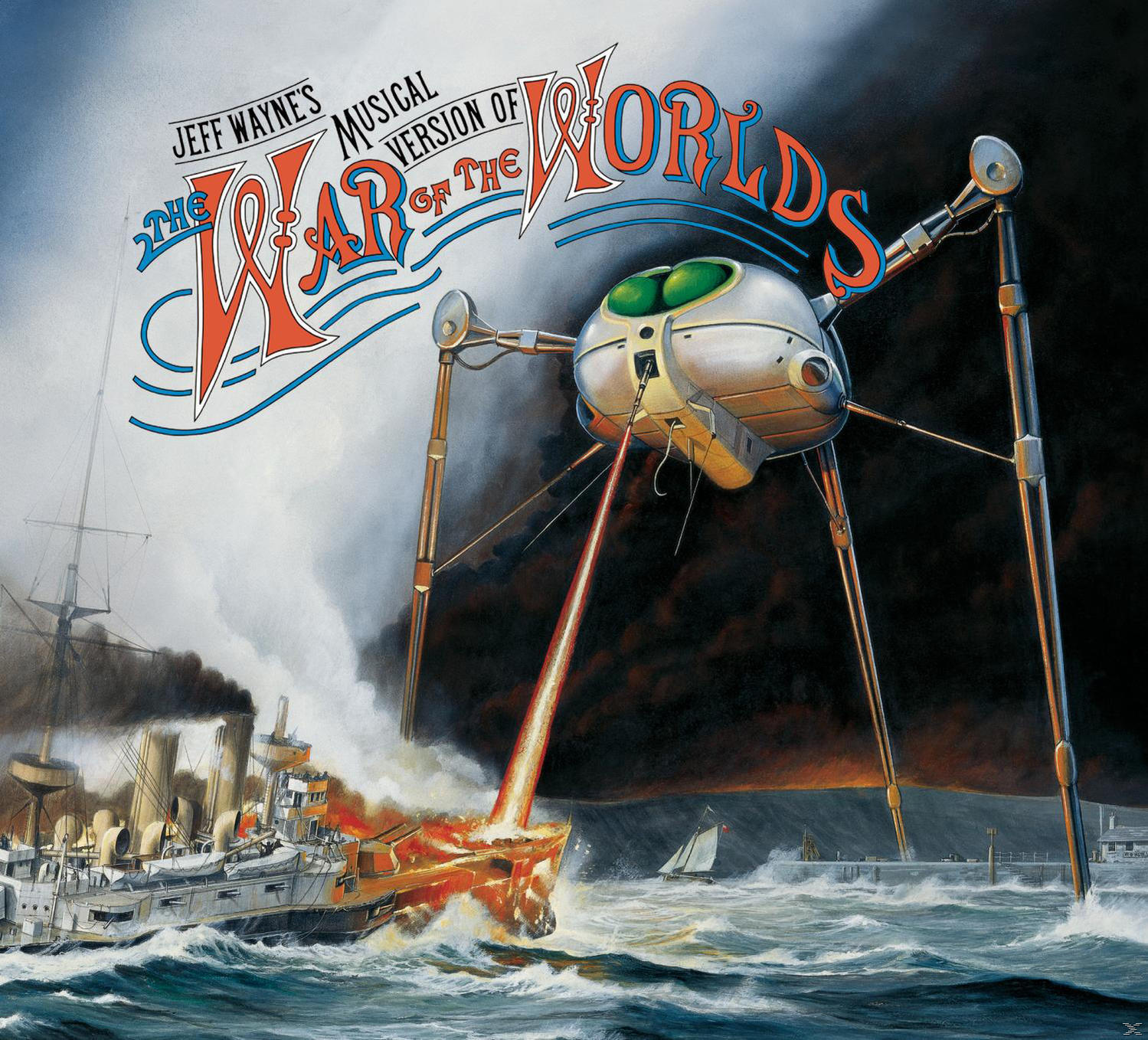 Album borító. Egy Marsi hadigép megtámad egy hajót, lángok, víz és egy városkép látható. Szöveg: The War of The Worlds.