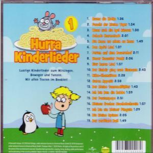 Ein Cartoon-CD-Cover mit einem Kind, einem Pinguin und Nudeln. Der Text lautet 'Hurra Kinderlieder'.