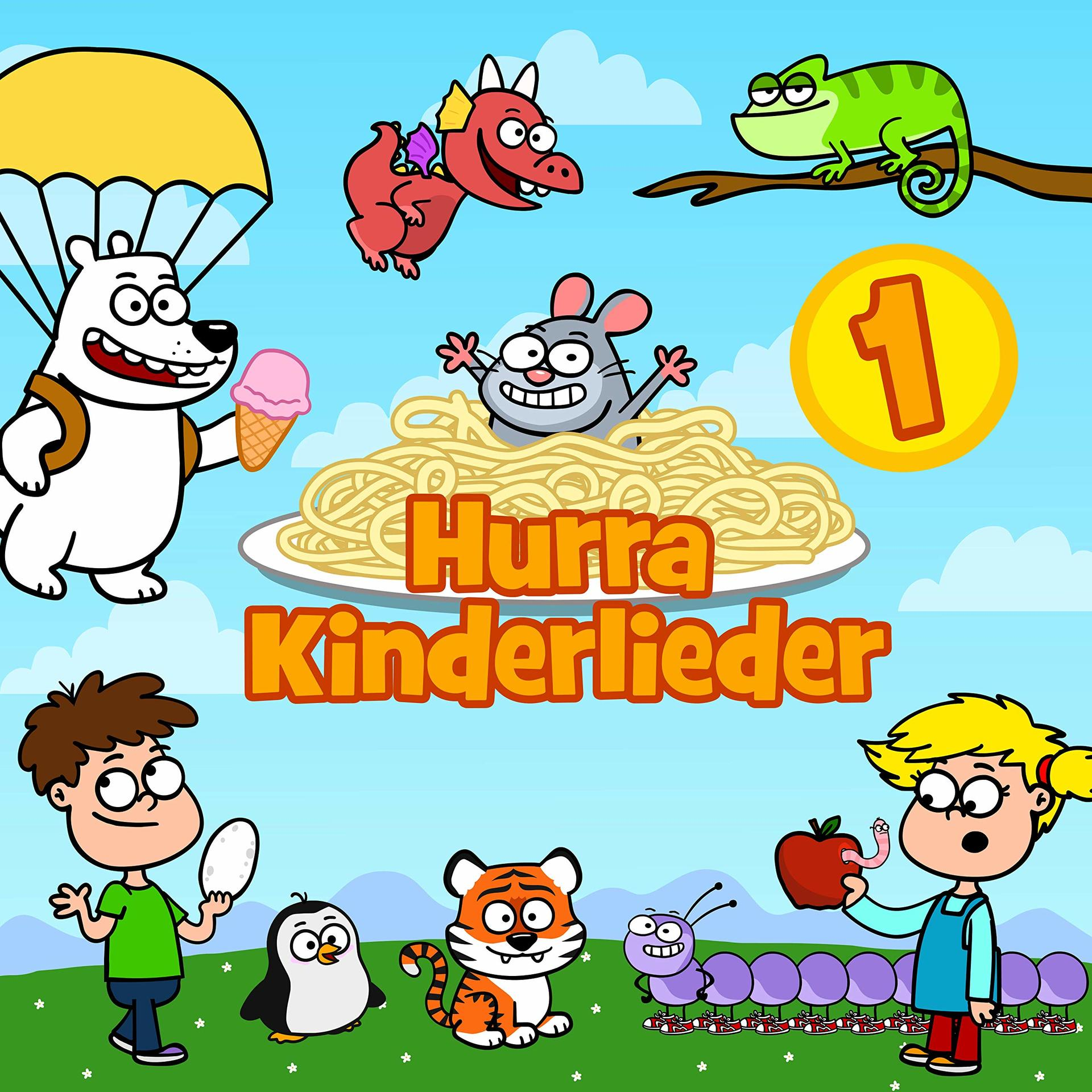 Cartoon mit Zeichentrickfiguren, einem Eisbären, einer Eidechse, einer Maus und Spaghetti.