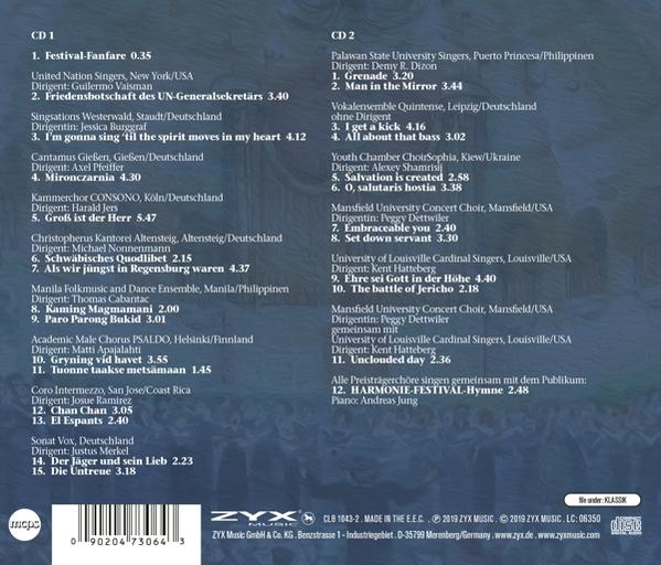 Zwei CD-Hüllen hinten mit Titellisten. Bläulich-violetter Hintergrund. Text in Weiß, Titel in der Mitte.