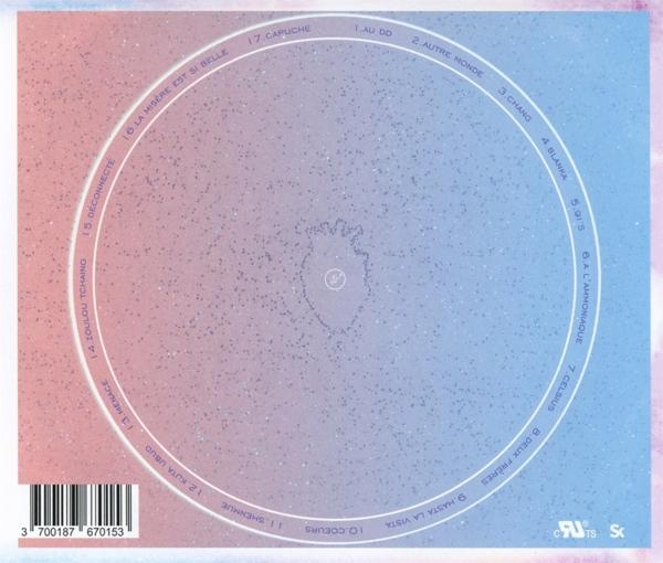Albumcover mit kreisförmigem Design in Blau und Rosa. Text kreist um die Mitte.