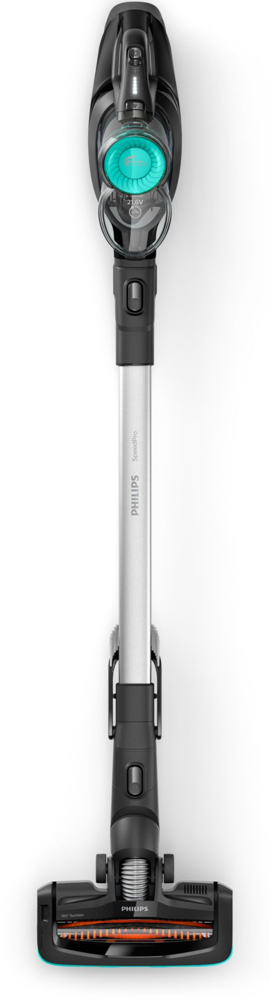 Een Philips snoerloze stofzuiger, bovenaanzicht, met een lange steel en een borstelkop.