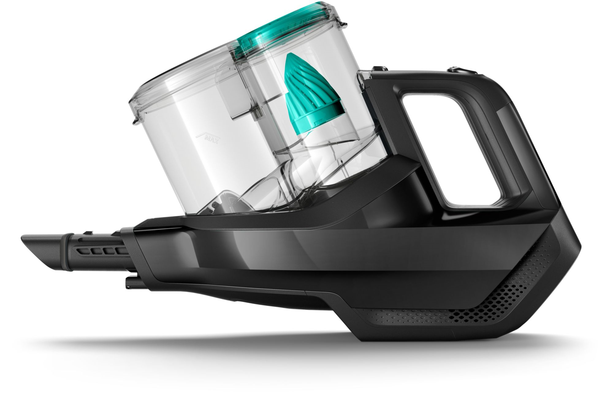 Een zwarte en grijze draadloze stofzuiger. Hij heeft een doorzichtige stofbak met een turquoise filter erin.