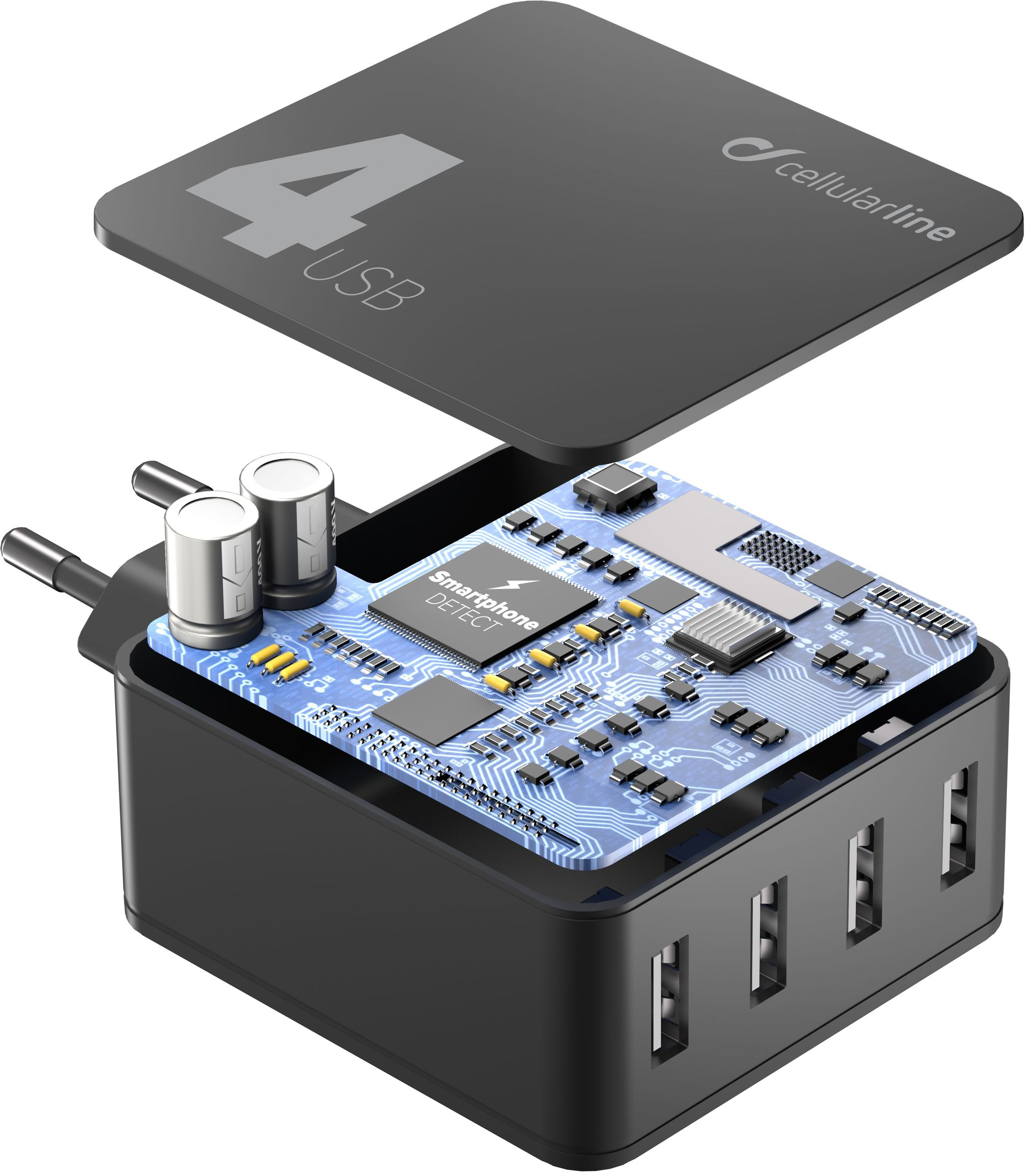 Ein schwarzes Ladegerät mit 4 USB-Anschlüssen und einem Cellularline-Logo.