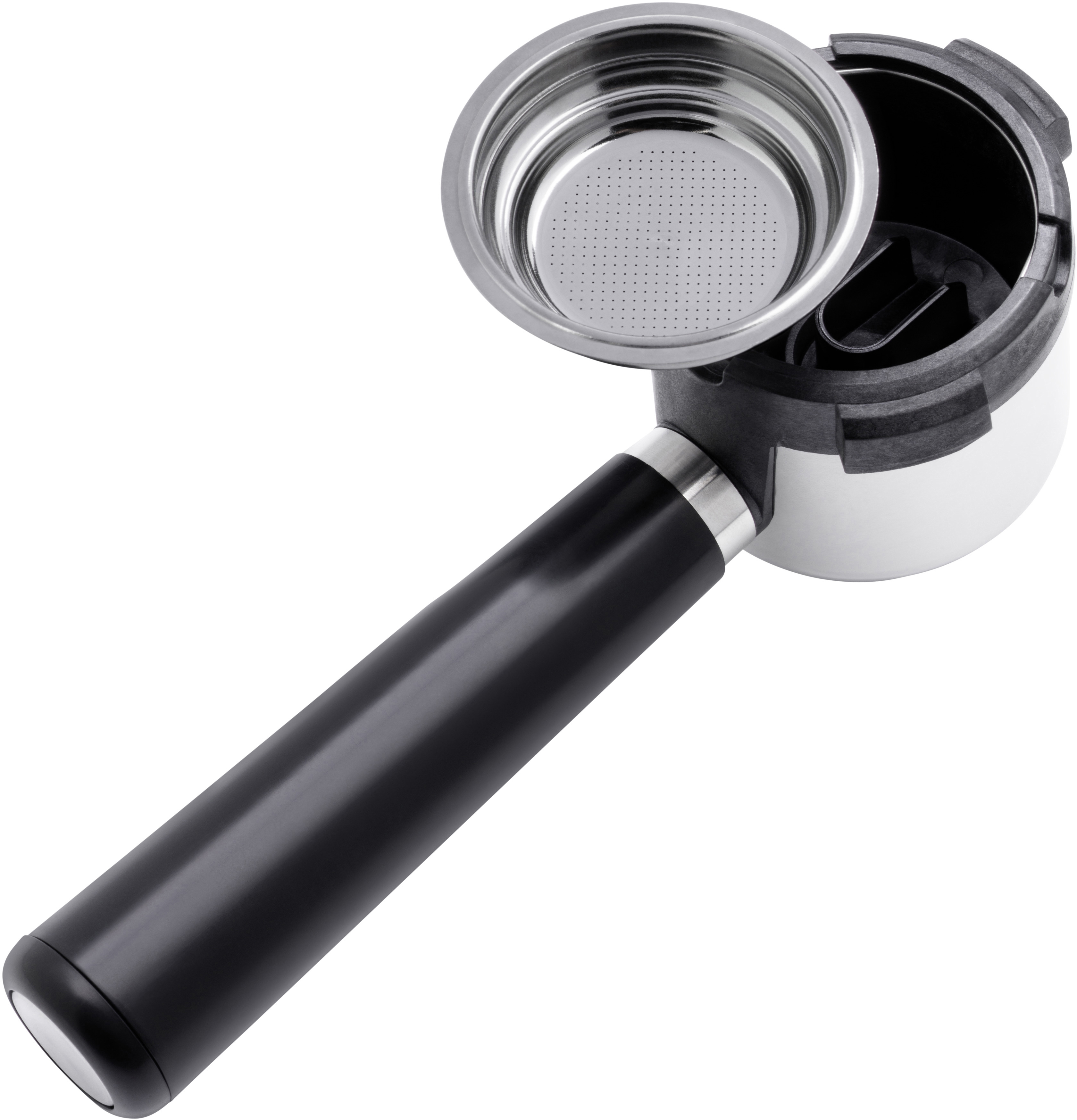 Espressomaschinen-Siebträger. Schwarzer Griff, Edelstahl-Filterkorb. Weißes und schwarzes Gehäuse.