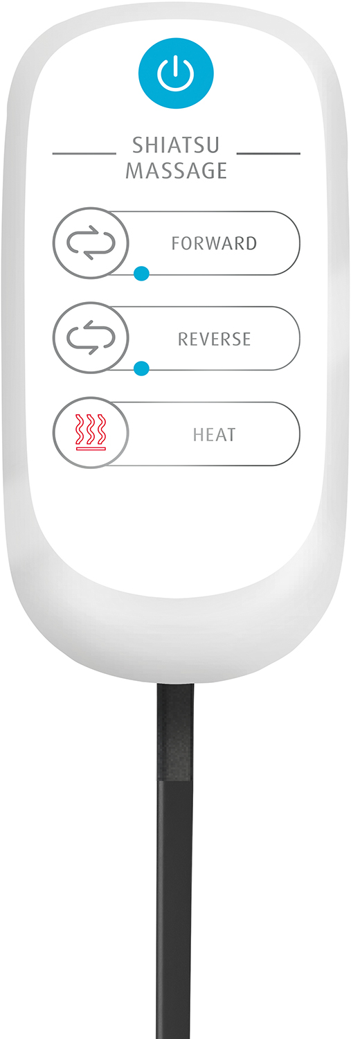 Wit bedieningspaneel voor Shiatsu-massage. Bediening: vooruit, achteruit en warmte, met een aan/uit-knop bovenaan.