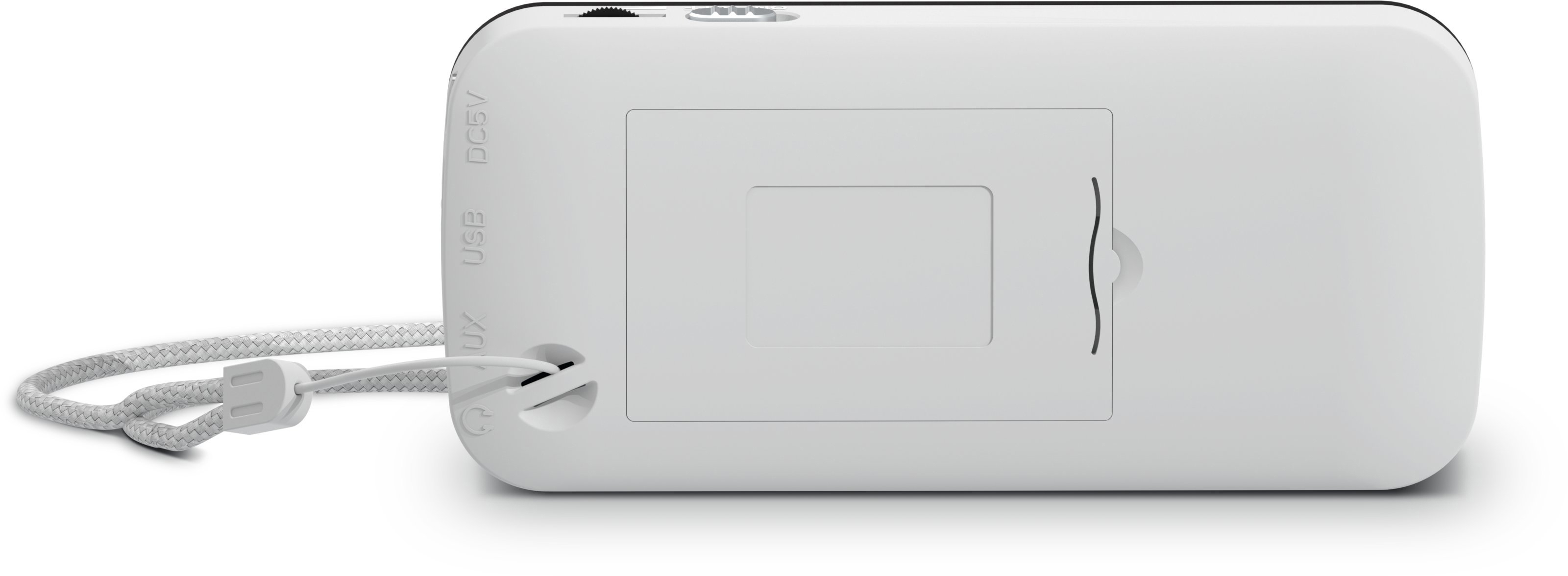 Weißes Audiogerät mit USB-, AUX- und DC-Anschlüssen, mit einem grauen Schlüsselband.