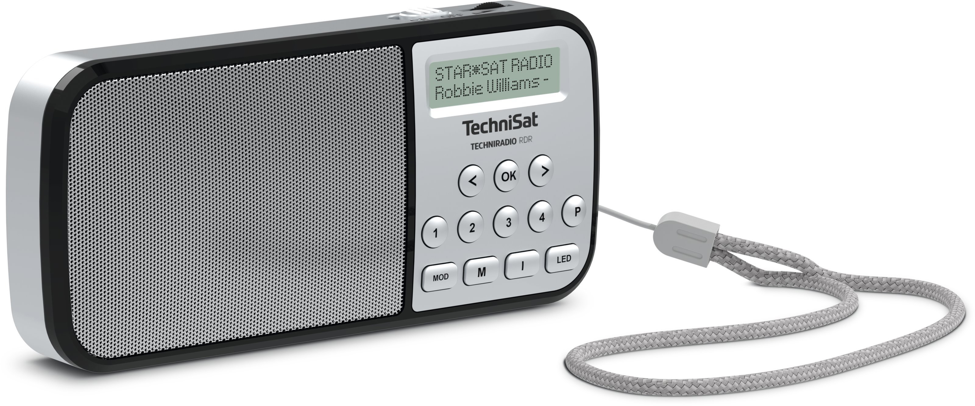 TechniSat-Radio mit Display. Grauer Gurt befestigt. Silbernes und schwarzes Design.