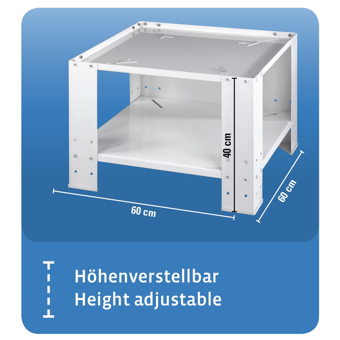 White metal stand with two shelves, labeled with dimensions. Height adjustable text.