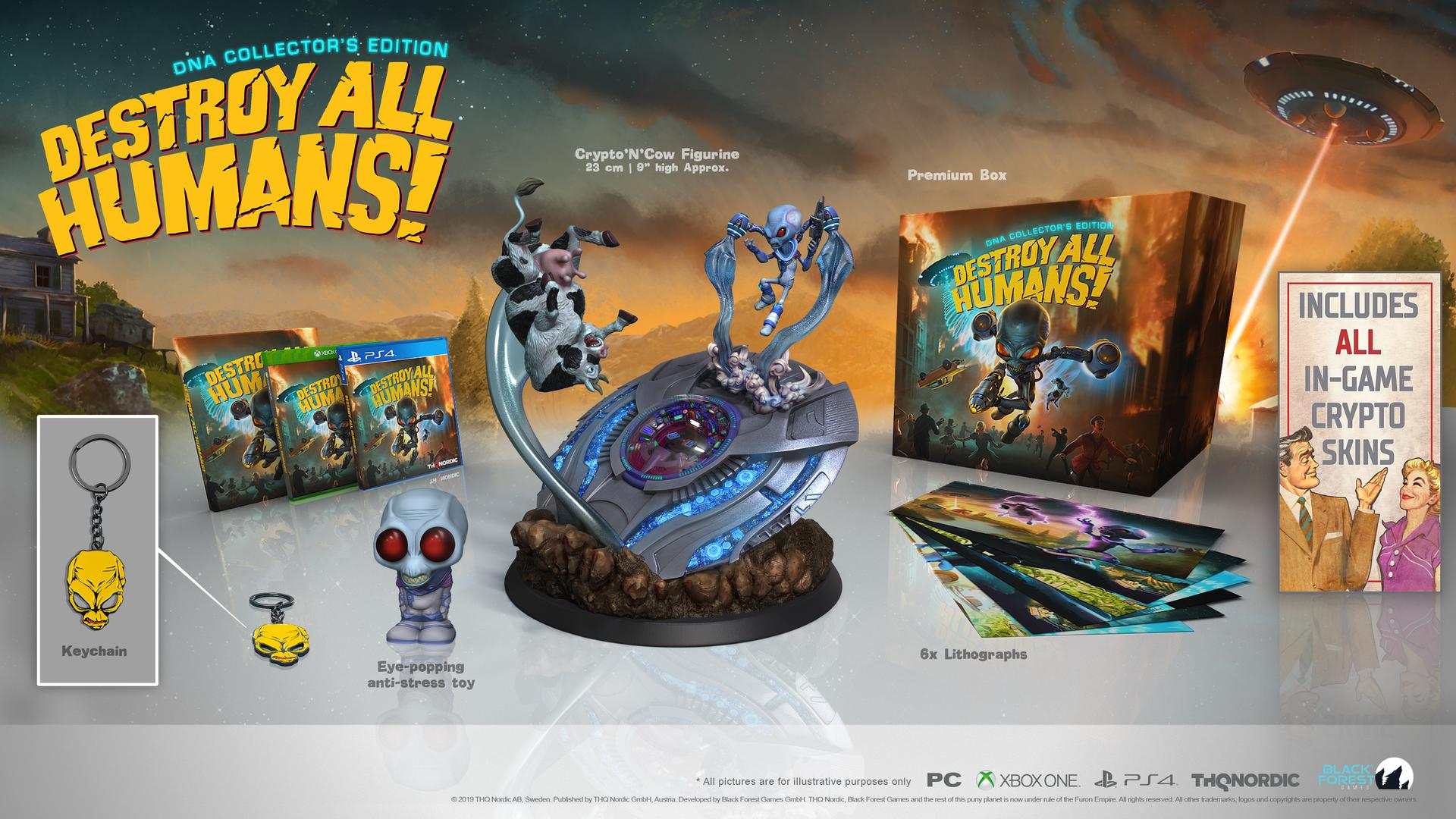 Destroy All Humans! DNA Collector's Edition Box. Enthält Spiel, Figur, Schlüsselanhänger und Lithografien. Ein Raumschiff ist sichtbar.